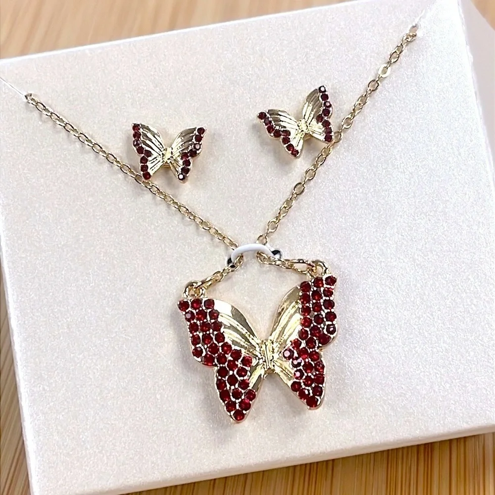 Brand New Butterfly Necklace & Post Earring Set Gold Tone Red Crystal Rhinestone